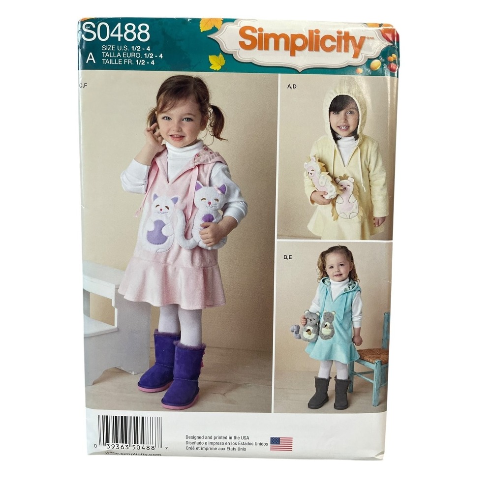Simplicity S0488 Toddlers Dress Jumper Jacket Stuffed Animals Sizes 1/2-4